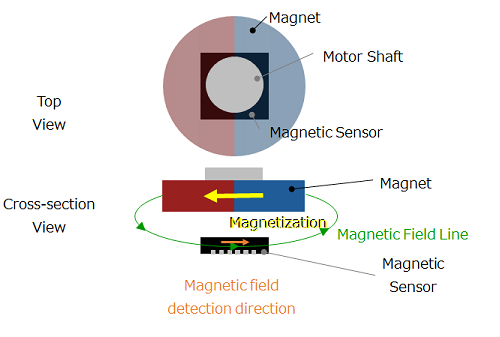 図 6-6a 径方向に磁化された磁石と横方向の 磁界の強さを検知するホール素子の組み合わせ