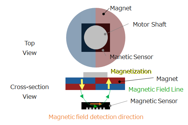図 5-4a 面方向に磁化された磁石と横方向の磁界の強さを検知するホール素子の組み合わせ